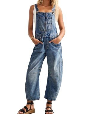 Women's Light Wash Denim Barrel Overalls